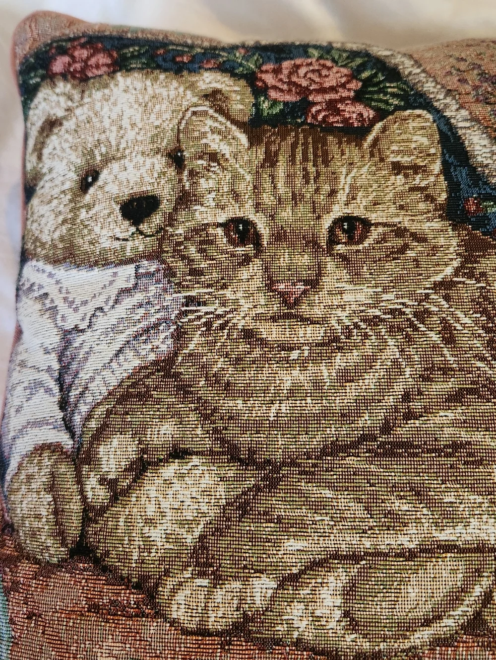 Vintage Cat Tapestry Pillow Cottagecore Floral Needlepoint Style Throw